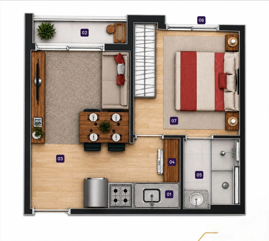 Planta baixa de apartamento de um dormitório